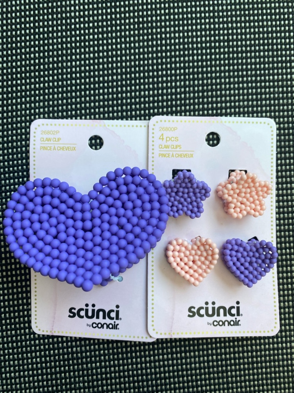 scunci Purple and Pink Beaded Heart Hair Clips Set